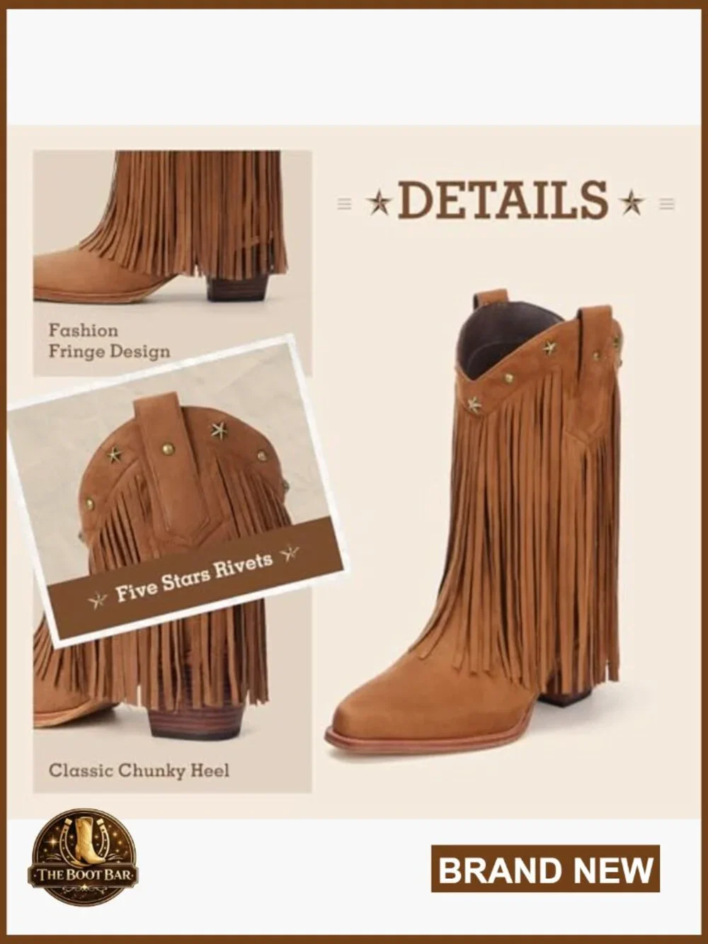 Mid Calf Cowboy Boots with Fringe, Star Studded, Pointed Toe, Chunky Heel - Picture 4 of 7
